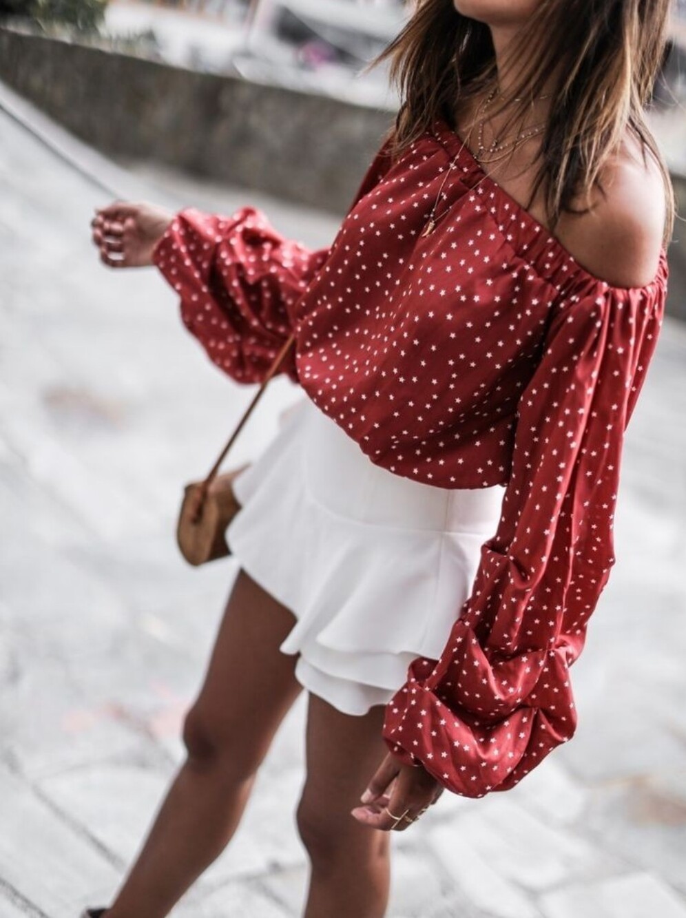 Lovers + Friends Revolve Aurora Red Star Print Satin Crop Off The Shoulder Top